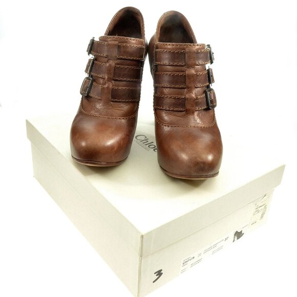 Chloe Brown Leather Buckled Concealed Platform Ancle Booties Size 36.5 - Picture 7 of 7